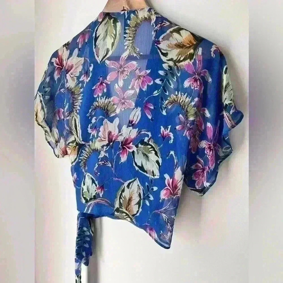Zara Women’s Floral Blue Sheer Wrap Waist Coastal Euro Summer Boho Top XS - Picture 8 of 11